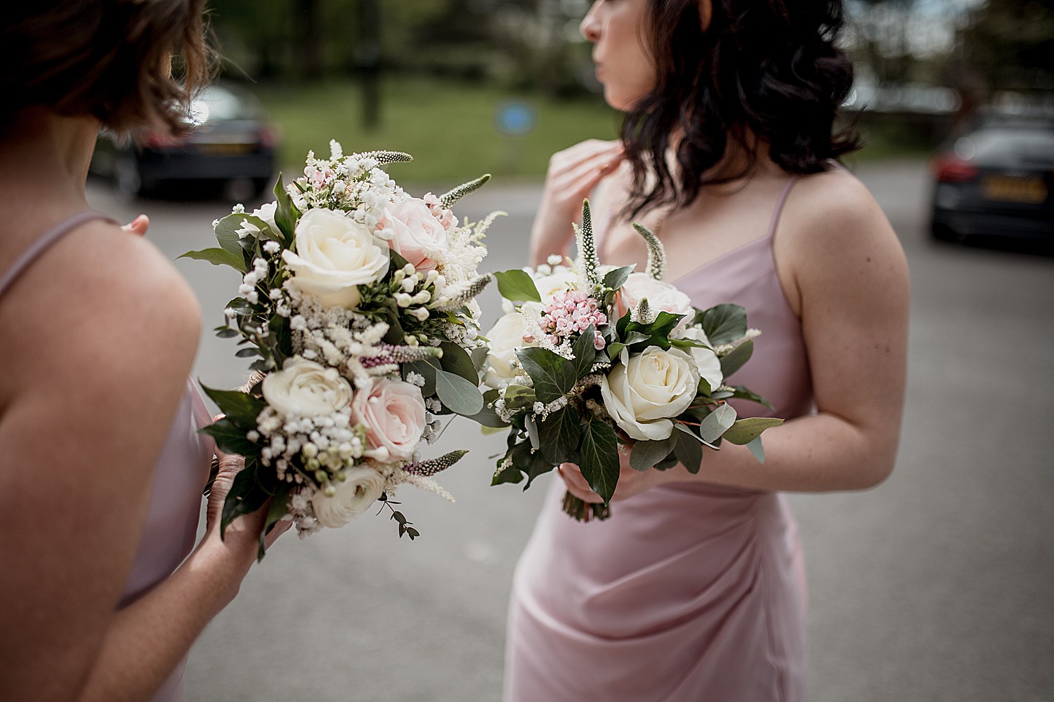 Bridesmaids bouquets at the church