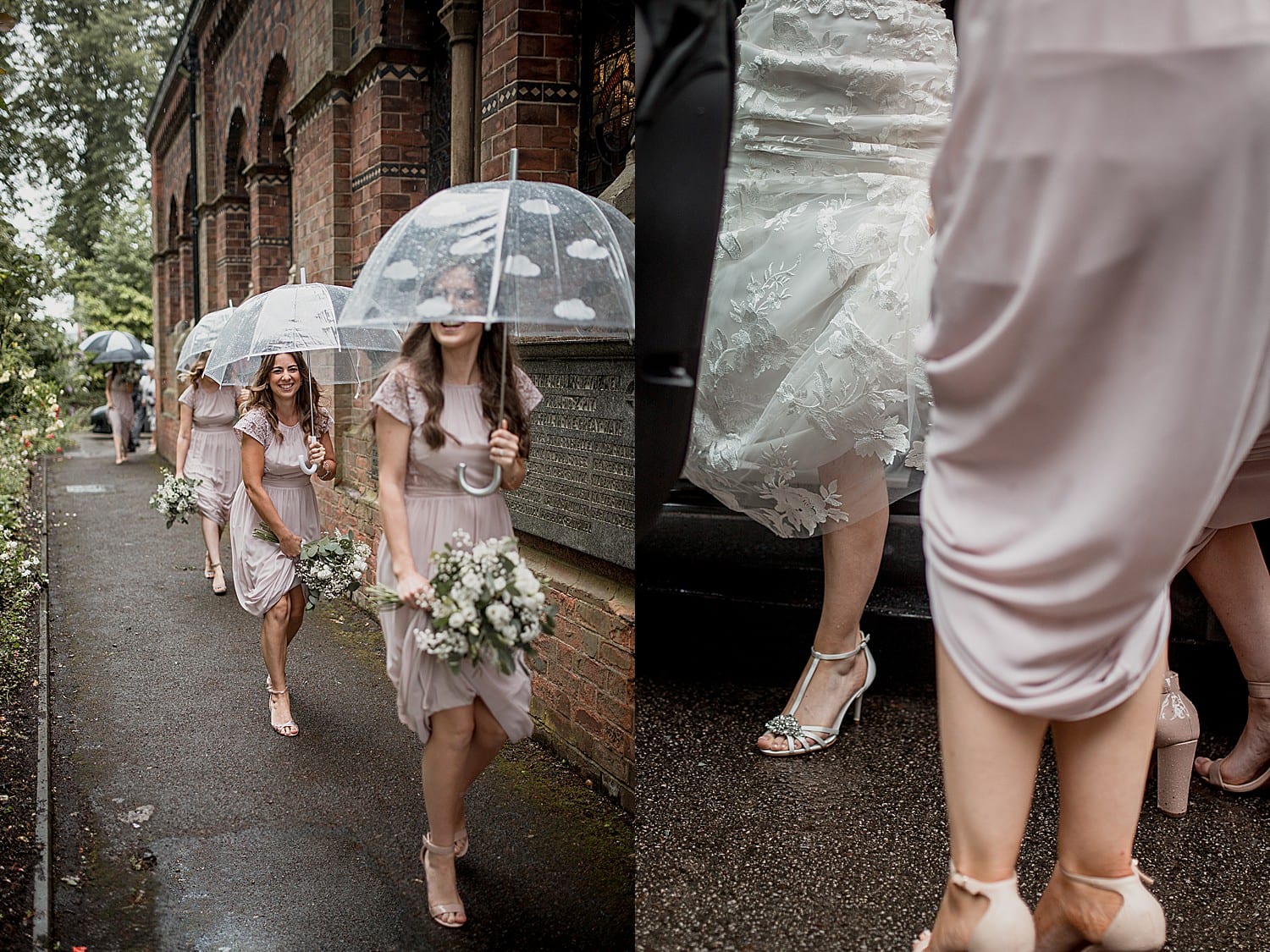 Bride arrives at Staffordshire wedding in the rain