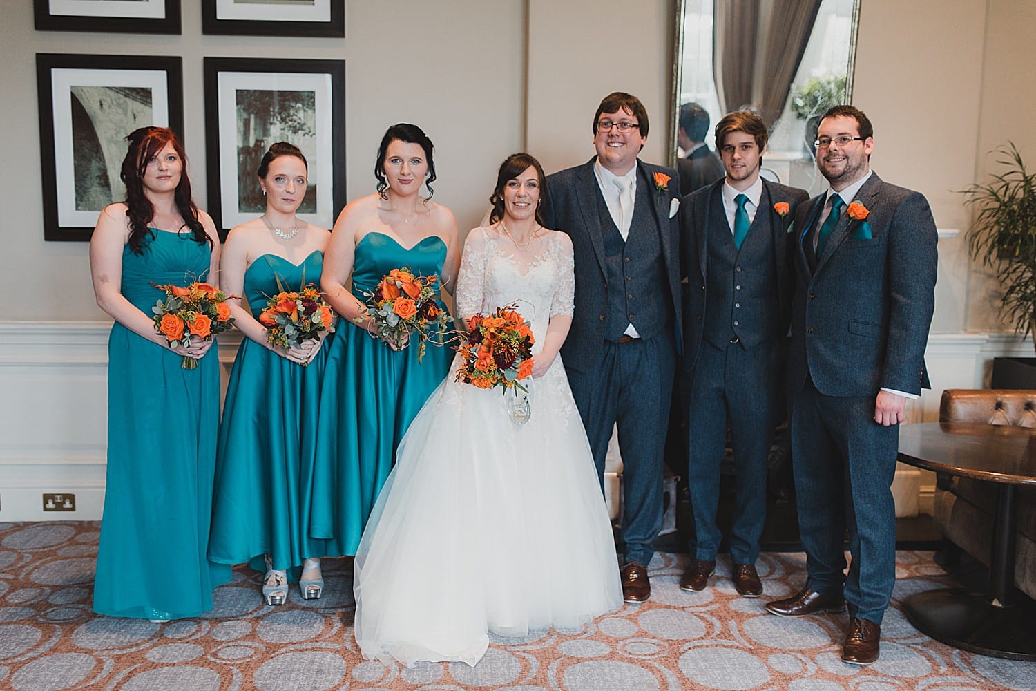 teal and russet wedding party