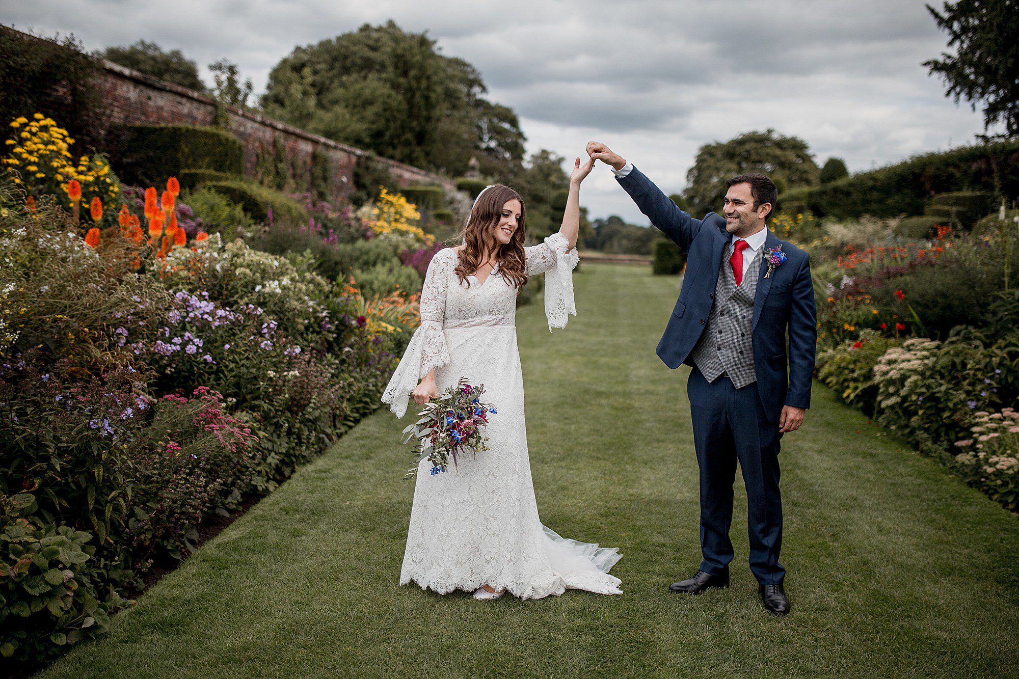 bride and groom at arley hall gardens