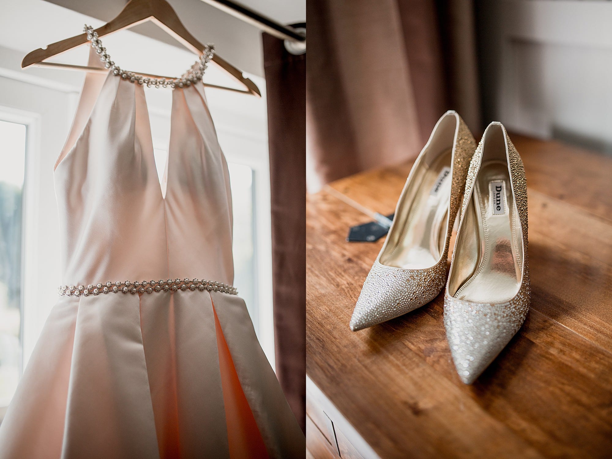 blush wedding dress and glitter shoes